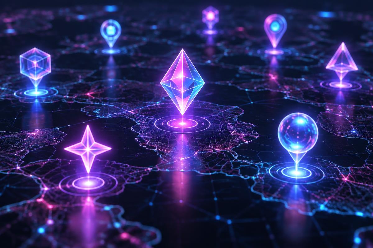 Marcadores neon de colecionáveis flutuando sobre um mapa escuro