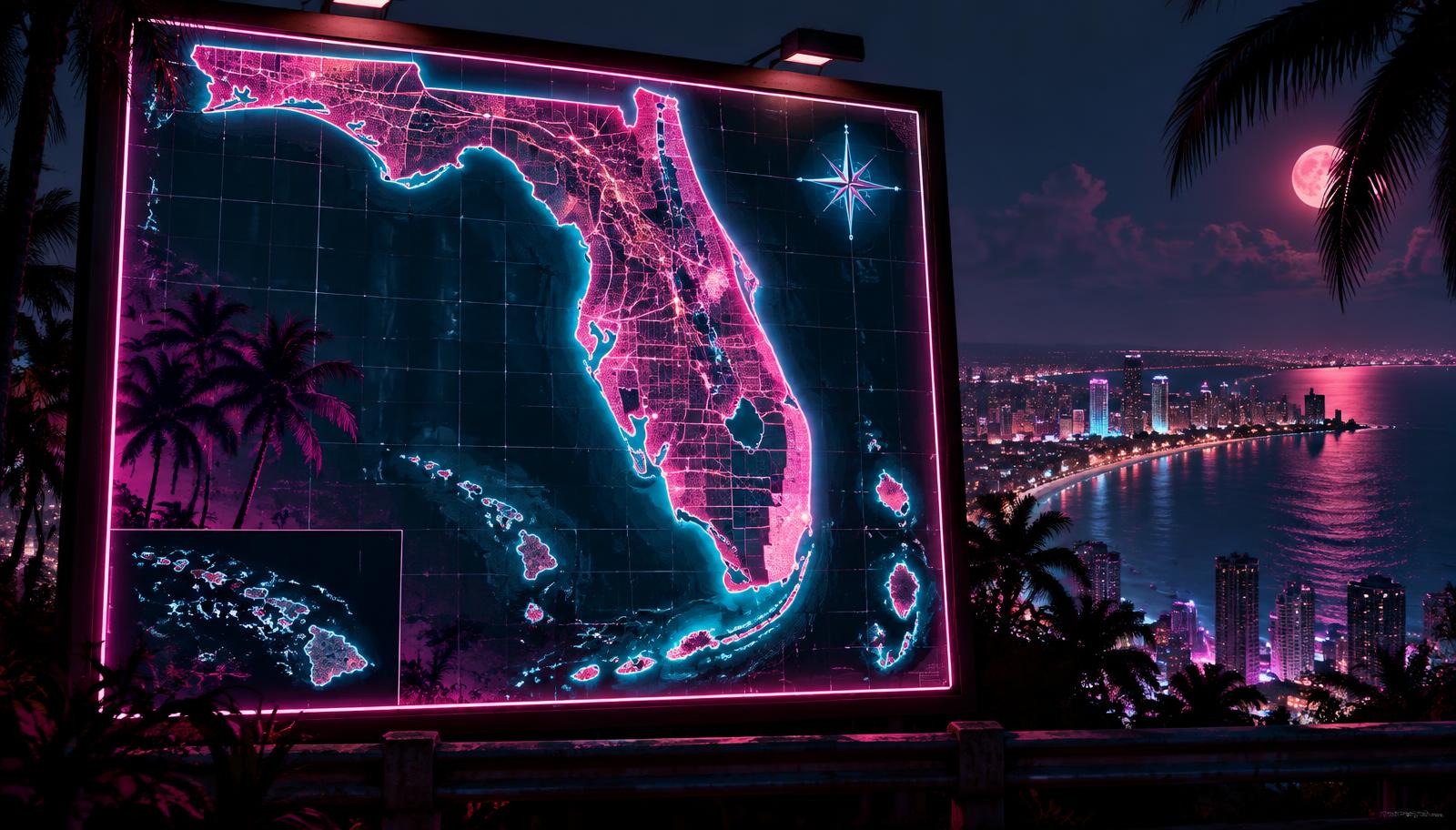 Painel neon com o mapa do estado fictício de Leonida, cenário de GTA 6