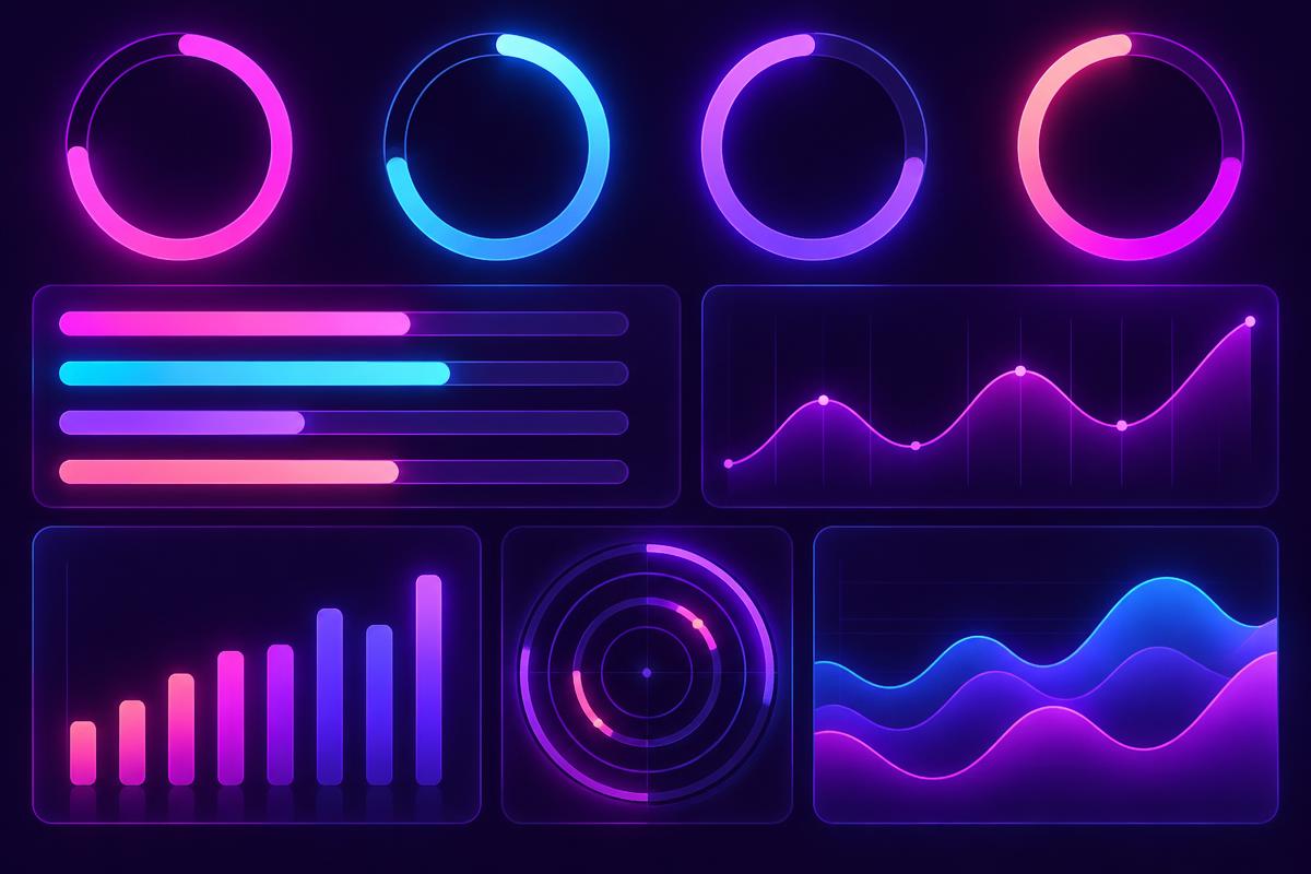 Painel neon com barras e anéis de progresso