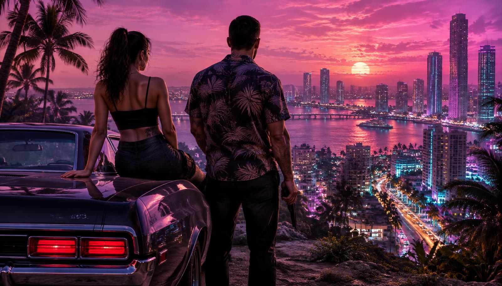 Dupla diante de uma cidade tropical neon