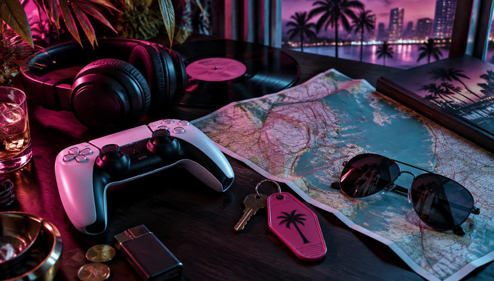 Controle, mapa e acessórios sobre uma mesa neon