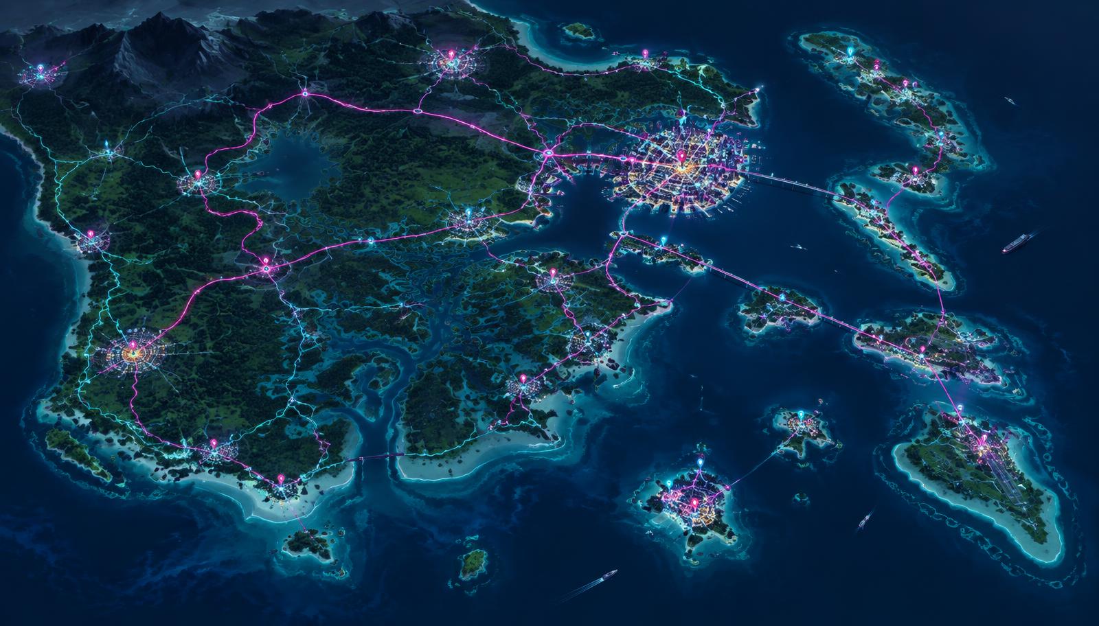 Mapa ilustrado de um estado tropical com rotas neon